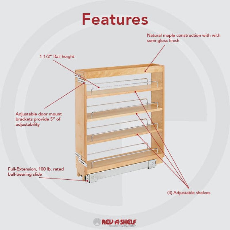 Rev-A-Shelf Pull Out Kitchen Cabinet Storage Organizer Spice Rack w/3 Adjustable Sliding Wood Shelves, Chrome Rails, & 100lb Capacity, 3 of 7