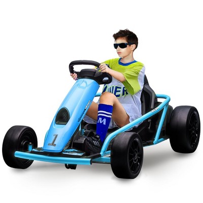 Kids Ride On Go Kart, 24V 300W*2 Motors, 9Ah Battery, Electric Vehicle Car Drifting with Music, Horn, Outdoor Ride On Toy for Teens, Blue