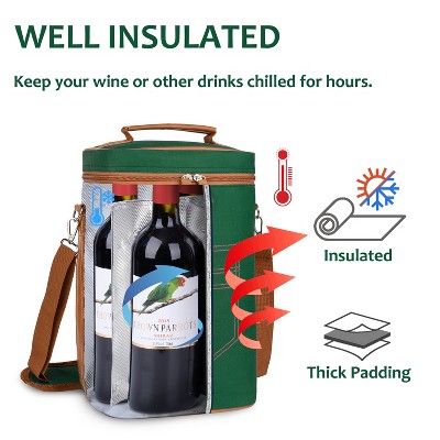 Green Insulated 4-Bottle Wine Cooler Tote Bag with Leather Handles