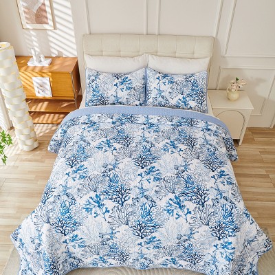 Blue Coral Pattern 3-Piece Comforter Set, King Size – Includes 1 Soft Lightweight Comforter and 2 Matching Pillowcases, Coastal Bedding