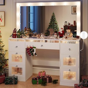 Petrimins 43"W Makeup Vanity Desk with Mirror and 3 Colors LED Lights, Glass Top Dressing Table with 7 Drawers, Vanity Table Set - 1 of 4