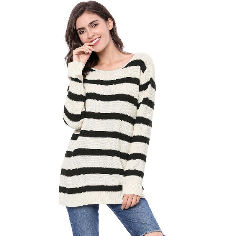 Allegra K Women's Long Sleeves Drop Shoulder Loose Striped Sweater, 1 of 8