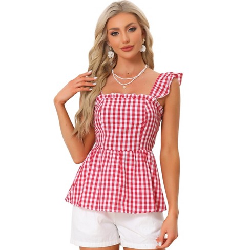 Allegra K Women's Summer Square Neck Sleeveless Plaid Gingham Peplum ...