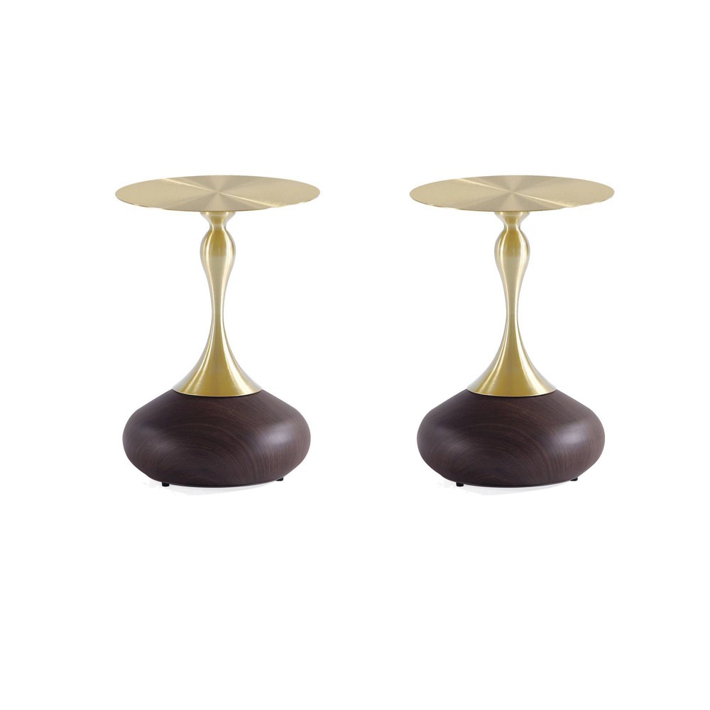 Manhattan Comfort Set of 2 Patchin End Tables with Round Metal Base and Gold Tabletop Brown Wood