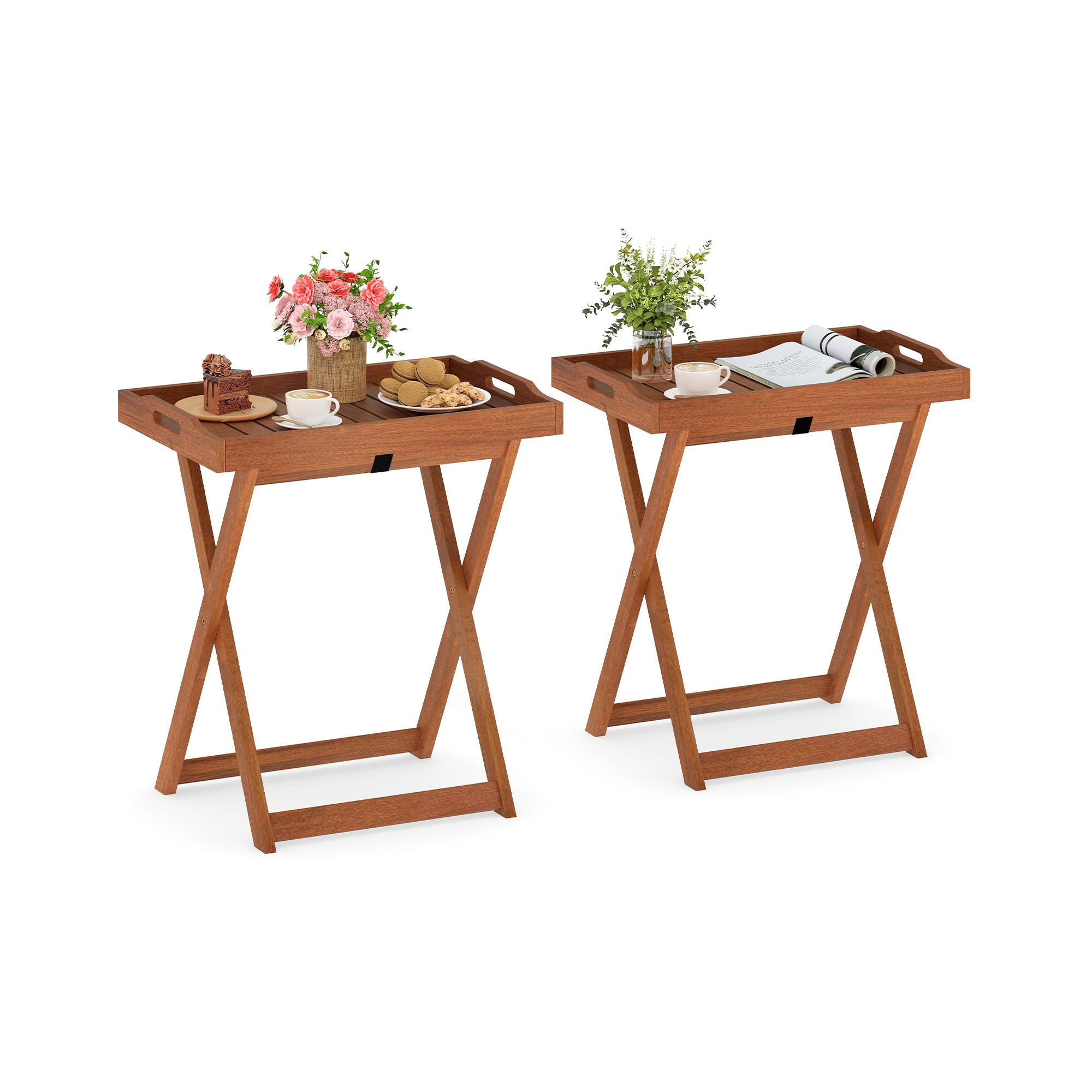 Costway Solid Wood Tray Table Set of 2 w/Removable Top Rectangular TV Tray Bistro Table