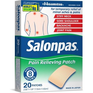 Salonpas Pain Relieving Patch, 20 Count, for Back, Neck, Shoulder, Knee Pain and Muscle Soreness, 8 Hour Pain Relief, 2.83" x 1.81" - 1 of 4