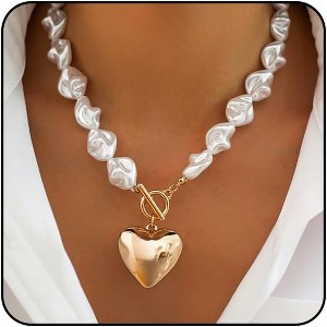 Chunky Heart Statement Necklace for Women, Big Puffy Heart with Chunky Chain - 1 of 4