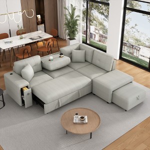86.6" Convertible L-Shaped Sectional Sofa with Pull-Out Sofa Bed, Movable Ottoman, USB Ports & Cup Holders - 1 of 4