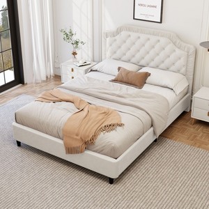 CAVINAS King/Queen/Full Size Velvet Upholstered Platform Bed Frame with Button Tufted Headboard,No Box Spring Needed - 1 of 4