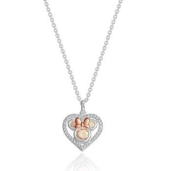 Disney Minnie Mouse Silver and Pink Gold Plated Cubic Zirconia Heart Necklace, 16 + 2''