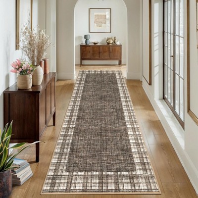 Modern Bordered Plaid Runner Rug 2x6 Ft Soft Thin Washable Hallway Runner with Non-Slip TPR Rubber Backing, Foldable Low Pile Non Shedding Rug