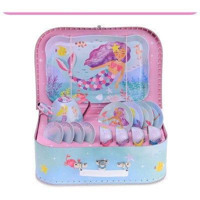 Mermaid Themed 15-Piece Purple Tin Tea Set with Carrying Case