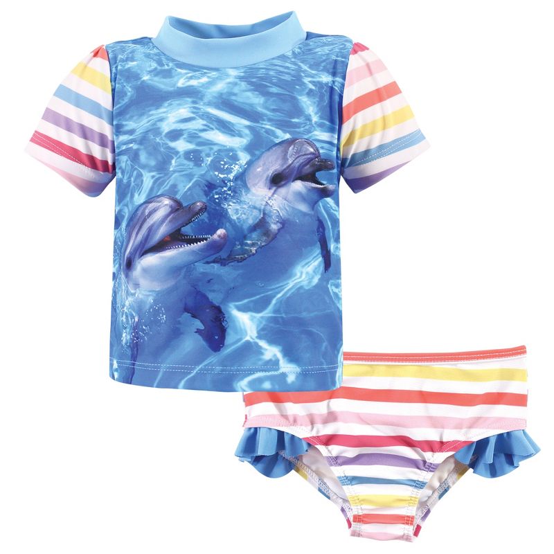 Hudson Baby Infant Girl Swim Rashguard Set, Girl Dolphin, 1 of 6
