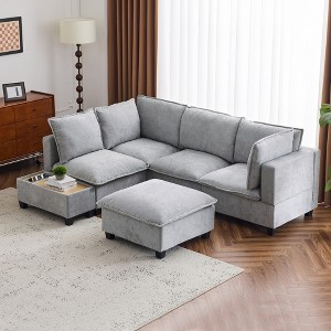 Whisen 90" U-shaped Sectional Sofa Modular Sofa Couch with a Movable Ottoman , a Coffee Table with Hidden Charging Devices - 1 of 4