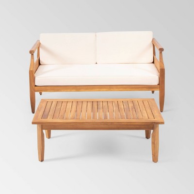 Aston Acacia Mid-Century Modern 2-Person Loveseat Set, Teak and Cream