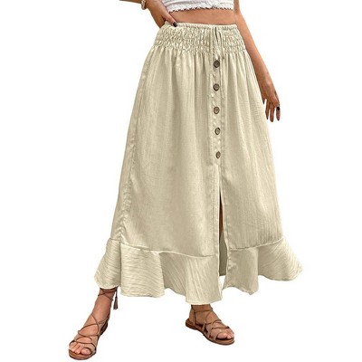Womens Casual Skirts Button Slit Maxi Skirts with Flounce Hem Shirred Wasit Lettuce Hem Textured Skirts
