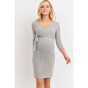 Hello Miz Women's 3/4 Sleeve Wrap V Neck Maternity Dress - 1 of 4