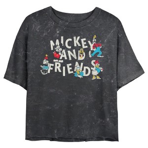 Juniors Womens Mickey & Friends Distressed Retro Characters Mineral Wash Crop T-Shirt - 1 of 4