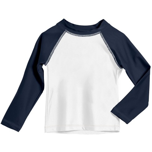 City Threads USA-Made Swim UPF 50+ Boys Color Block Long Sleeve Rashguard  Shirt | White/Navy - 3-6M