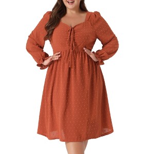 Agnes Orinda Women's Plus Size Midi Long Sleeve Sweetheart Bow Tie Swing Ruffle Swiss Dots Boho Babydoll Dresses - 1 of 4