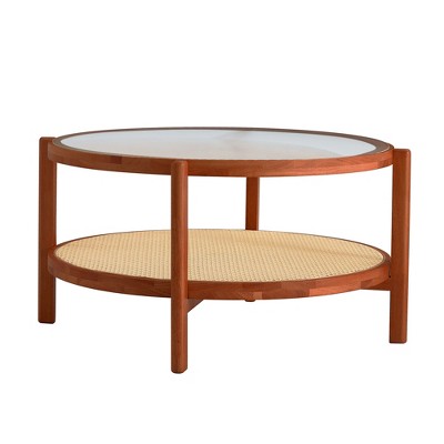 FURNIinspire Coffee Tables Circular 2 Layer Solid Wood with Craft Glass Top and PE Rattan Second Layer for Living Room, Brown, 34.64"*34.64"*17.71"