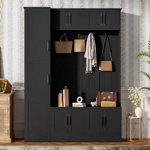 Okak 79IN Modern Hall Tree with 6 Cabinets and 4 Coat Hooks, Coat Rack with Shoe Storage Bench and Adjustable Shelf for Hallway, Living Room, Black - 1 of 4