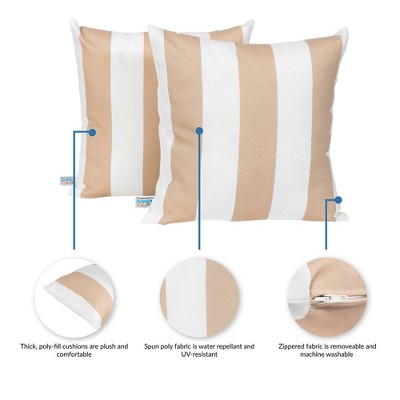 Champagne and White Striped Outdoor Square Throw Pillows Set
