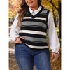 Agnes Orinda Women's Plus Size Sleeveless Casual V-Neck Striped Knit Sweater Vests - 2 of 4