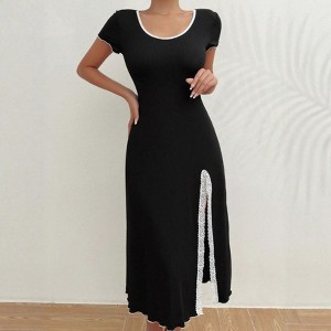 Ribbed Short Sleeve Midi Dress Lace Slit Contrast Trim Fashion Dress for Women - 1 of 4
