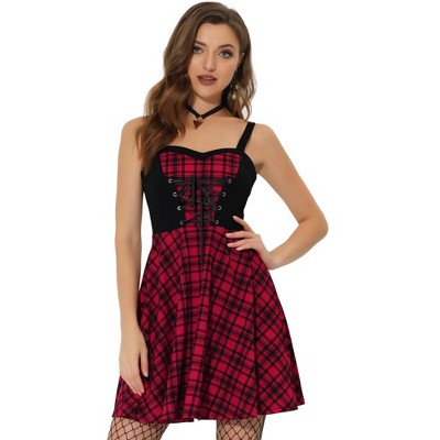 Allegra K Women's Plaid Lace Up Sweetheart Neck Sleeveless Flared Party Mini Dress