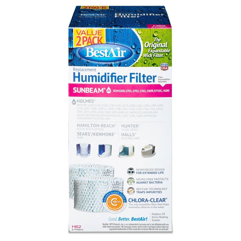 BestAir H62 Value 2pk Extended Life Humidifier Replacement Paper Wick Filter Holmes Humidifiers, 3 of 6