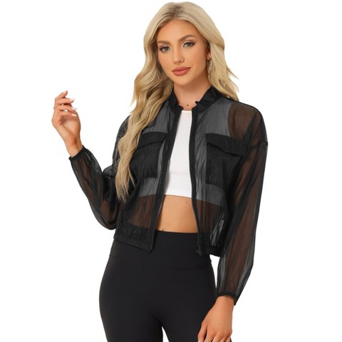 Женские куртки INSPIRE CHIC Women's Zip-Up Long Sleeve See-Through Bomber Jacket Large Black