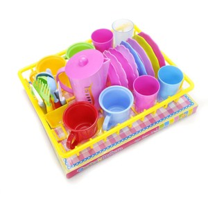 JuzToys 27pcs Pretend Play Kitchen Accessories Dishes Toys – Play Dishes Set with Dish Rack, Pretend Kitchen Playset for Kids – Pink/Yellow - 1 of 4
