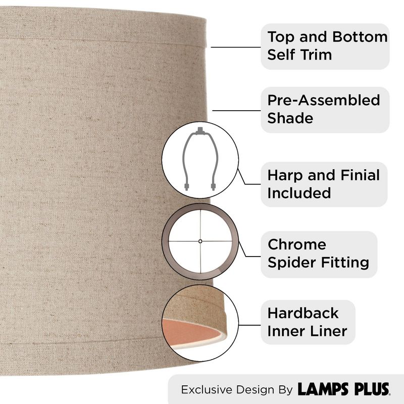 Springcrest Natural Linen Medium Drum Lamp Shade 15" Top x 16" Bottom x 11" High (Spider) Replacement with Harp and Finial, 3 of 11