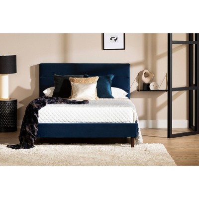Queen Blue Velvet Upholstered Platform Bed with Tufted Headboard