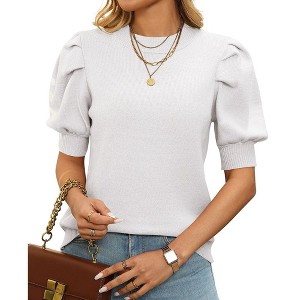 Clearlove Womens Puff Short Sleeve Sweater Tops Crewneck Basic Knit Lightweight Pullover Blouse - 1 of 4