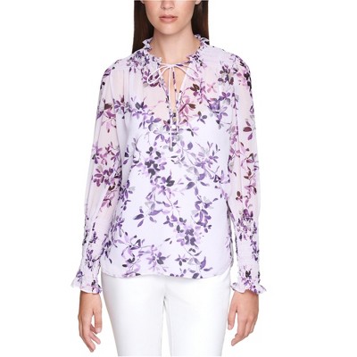 Calvin Klein Womens Floral Print Peasant Blouse