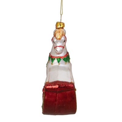 5" White and Red Glittered Rocking Horse Glass Ornament