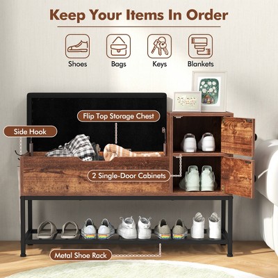 Rustic Brown and Black Entryway Bench with Storage and Shoe Rack