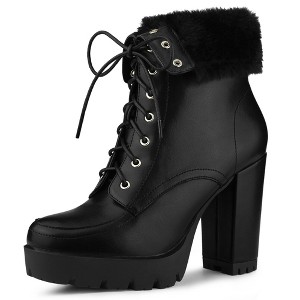 Allegra K Women's Platform Foldable Chunky Heels Lace Up Ankle Boots - 1 of 4