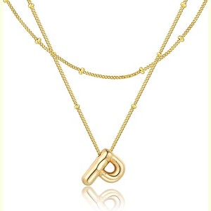 Bubble Letter Necklace for Women, 14K Gold Plated Initial Pendant A-Z Gold-P - 1 of 4