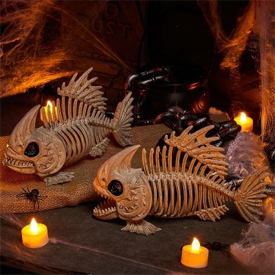 Joyfy 2 PCS 9.5 Halloween Poseable Fish Skeleton with Posable Joints for Yard Patio Lawn Garden Decorations, Halloween Party Favors Props