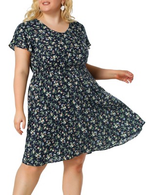 Agnes Orinda Women's Plus Size V Neck Elastic Waist Ditsy Floral At Knee A Line Dresses