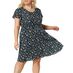 Agnes Orinda Women's Plus Size V Neck Elastic Waist Ditsy Floral At Knee A Line Dresses - 1 of 4