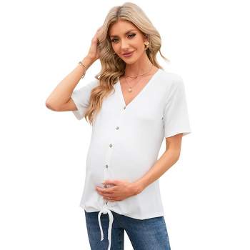 Maternity Short Sleeve T-Shirt Casual Button Down V Neck Nursing Tops Loose Breastfeeding Blouses