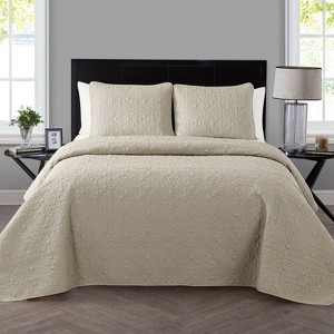 VCNY 3pc King Caroline Embossed Floral Quilt Set Taupe: Microfiber, Hypoallergenic, Machine Washable - 1 of 4