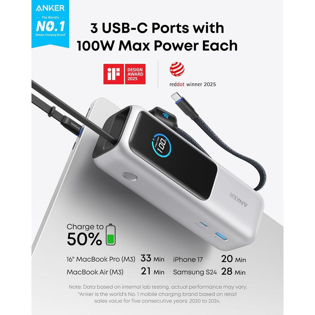 Anker Laptop Power Bank, 25,000mAh Portable Charger with Triple 100W USB-C Ports, Flight-Approved for Travel, iPhone 17/16 Series - thumbnail 9