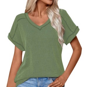 BLUEMING Womens T-shirts Knit V Neck Cap Sleeve Ribbed Tops Loose Fit Comfy Blouses Trendy Casual Outfits - 1 of 4