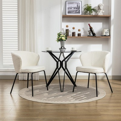 Set of 2 Boucle Fabric 25"Dining Chairs With Black Metal Legs,Light Coffee
