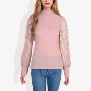 Anna-Kaci Women's Mock Neck Long Sleeve Top Sequin Detail Ribbed Knit Pullover - 1 of 4